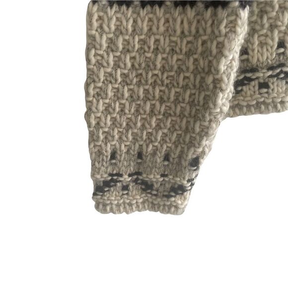 hand Knit Jacquard Link Chunky Knit Boat Neck Long Sleeve Sweater Ecru Black S - Picture 6 of 10